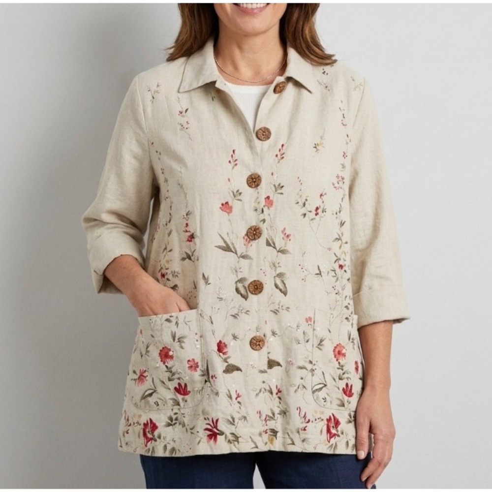 Vintage Painted Floral Design Linen Blend Button Up Jacket Plus Size 20
